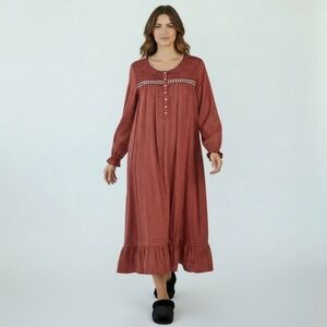 Vintage Fundamentals Red Cotton Flannel Cottagecore Plaid Pajama Dress Long 1X